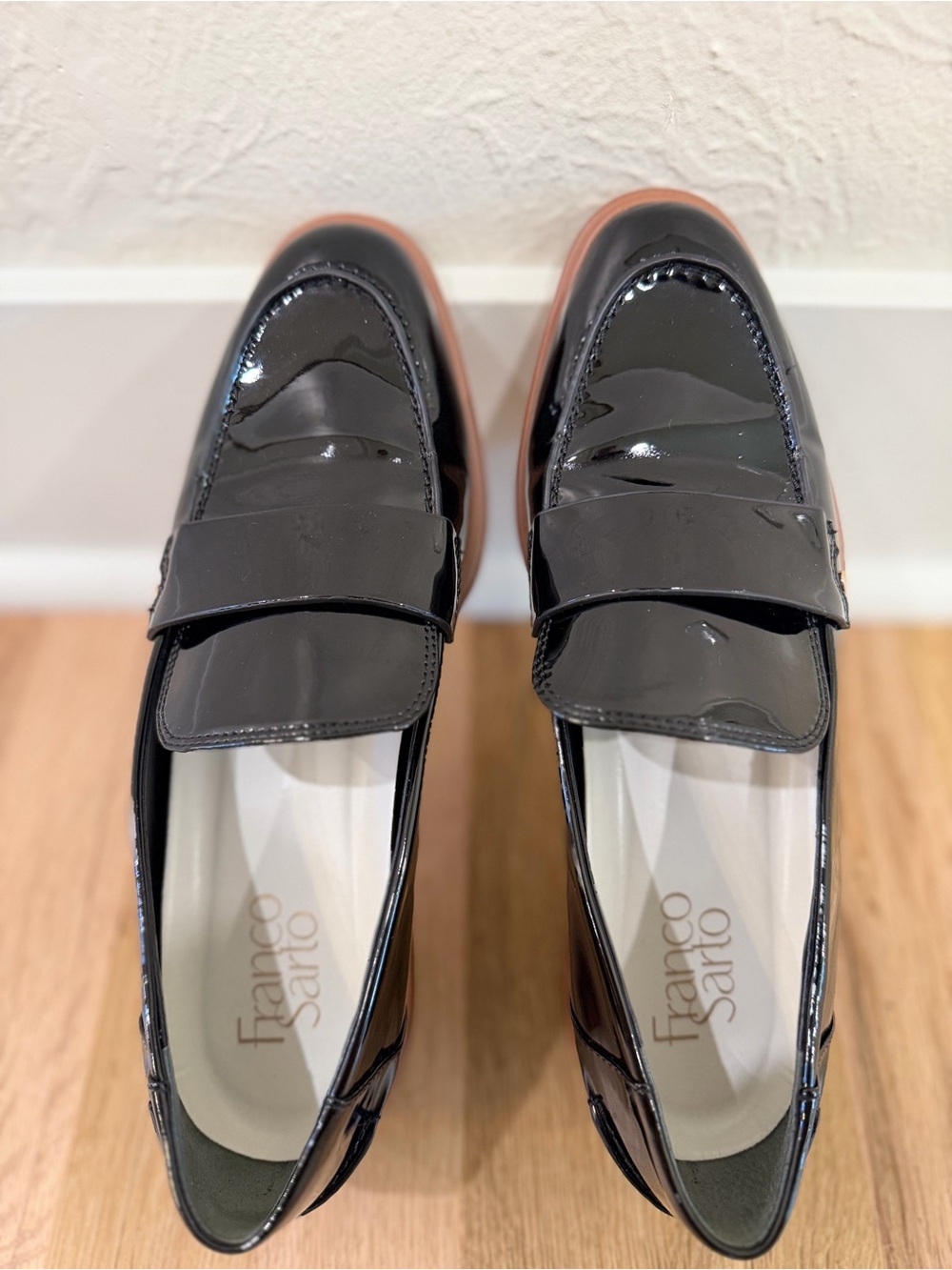 Franco Sarto Black Patent Loafers with Brown Sole